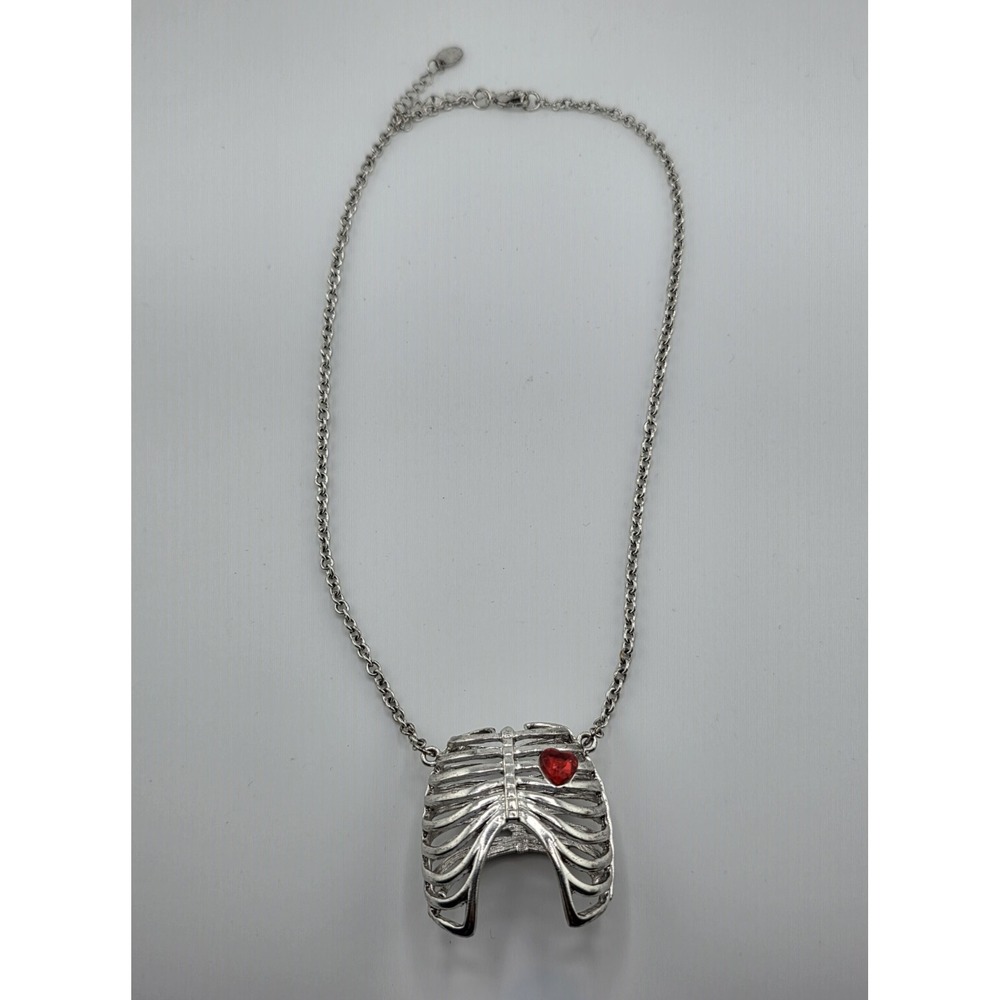 Silver Ribcage Charm Pendant Necklace Red Heart Accent Statement Skeleton